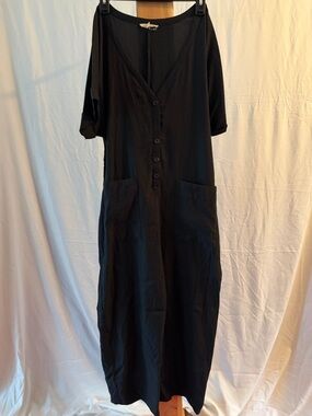 Black Button-Front Maxi Dress with Pockets